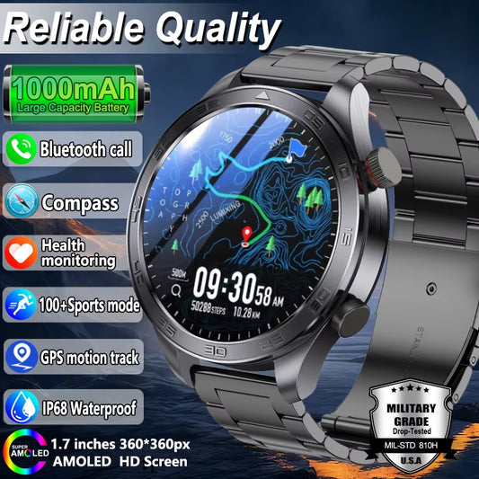 GPS Track Smart Watch AMOLED Screen Always Show Time Sports Fitness Heart Rate IP68 Waterproof Compass Call 2026 New Smartwatch