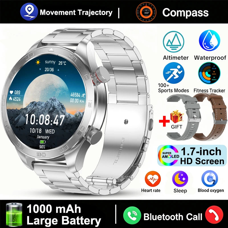 GPS Track Smart Watch AMOLED Screen Always Show Time Sports Fitness Heart Rate IP68 Waterproof Compass Call 2026 New Smartwatch