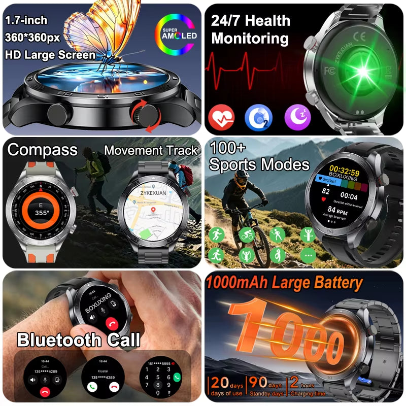 GPS Track Smart Watch AMOLED Screen Always Show Time Sports Fitness Heart Rate IP68 Waterproof Compass Call 2026 New Smartwatch