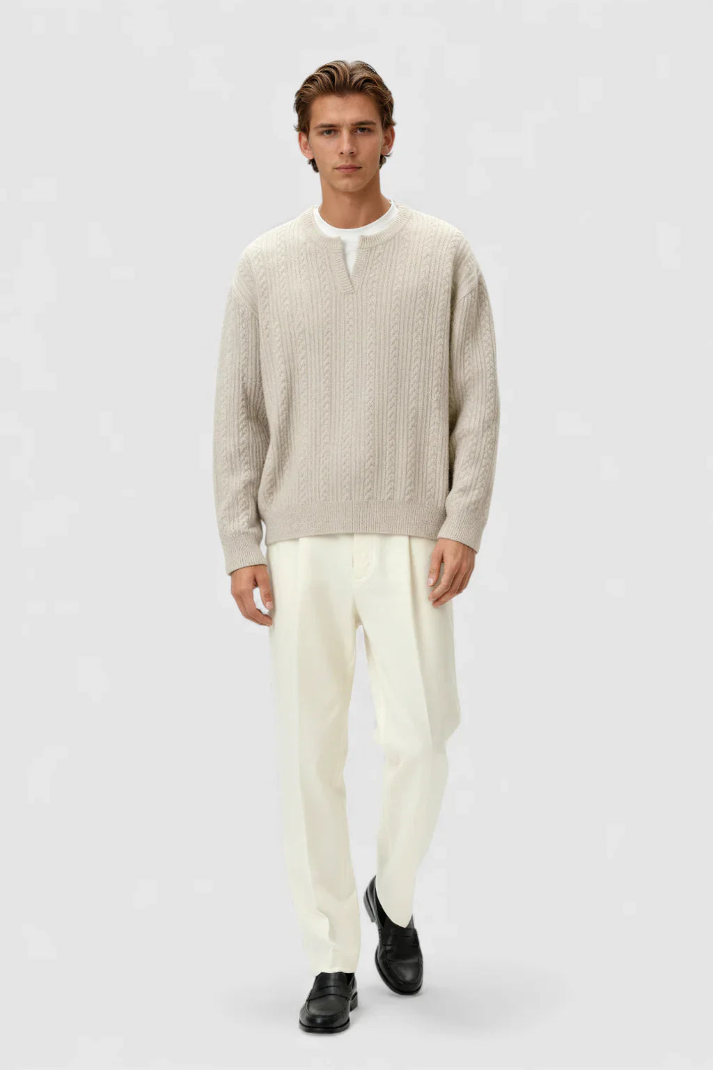 Herrestrik - Kabelstrikket Sweater Med Lille V-Hals - Oatmeal