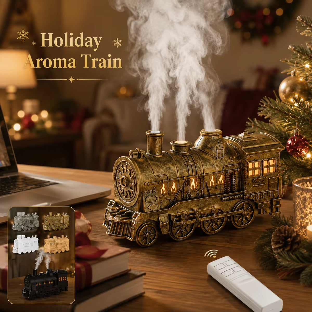 Holiday Train Humidifier Aromatherapy Diffuser Dual Mist LED Night Light Remote Control Christmas Desk Decoration Gift