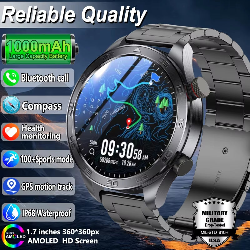 GPS Track Smart Watch AMOLED Screen Always Show Time Sports Fitness Heart Rate IP68 Waterproof Compass Call 2026 New Smartwatch