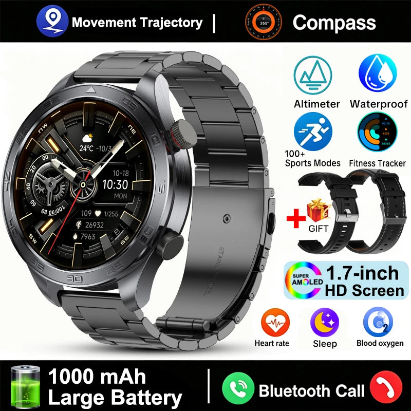 GPS Track Smart Watch AMOLED Screen Always Show Time Sports Fitness Heart Rate IP68 Waterproof Compass Call 2026 New Smartwatch