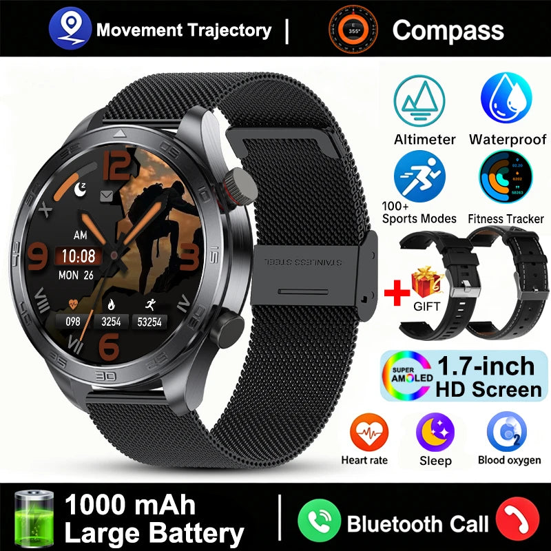 GPS Track Smart Watch AMOLED Screen Always Show Time Sports Fitness Heart Rate IP68 Waterproof Compass Call 2026 New Smartwatch